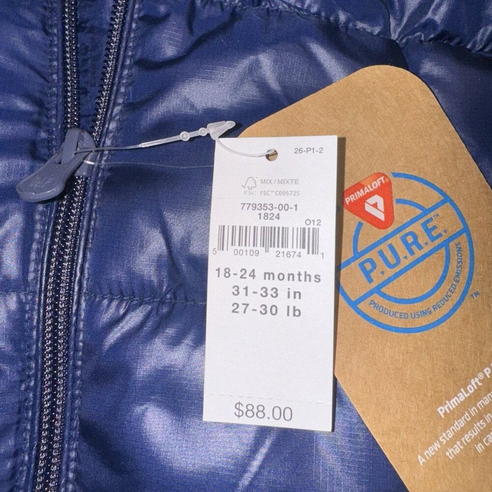 Baby Gap 18-24 Months Hooded Primaloft Warm Winter Coat Lined NEW Navy Blue - Picture 4 of 5